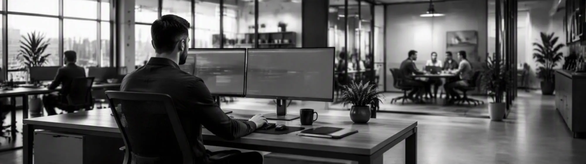 IT professional working at dual monitors in an open-plan office