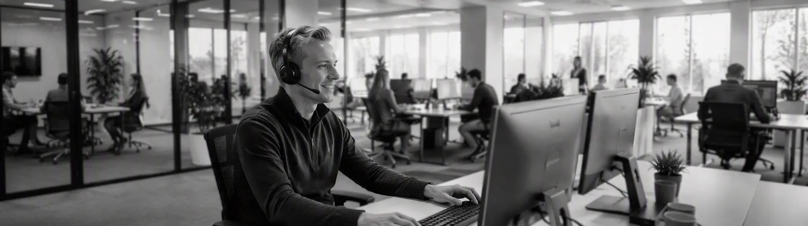 IT support specialist wearing a headset in an open-plan office