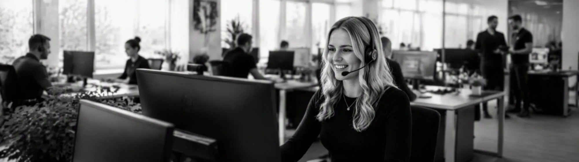 IT professional wearing a headset in an open-plan office