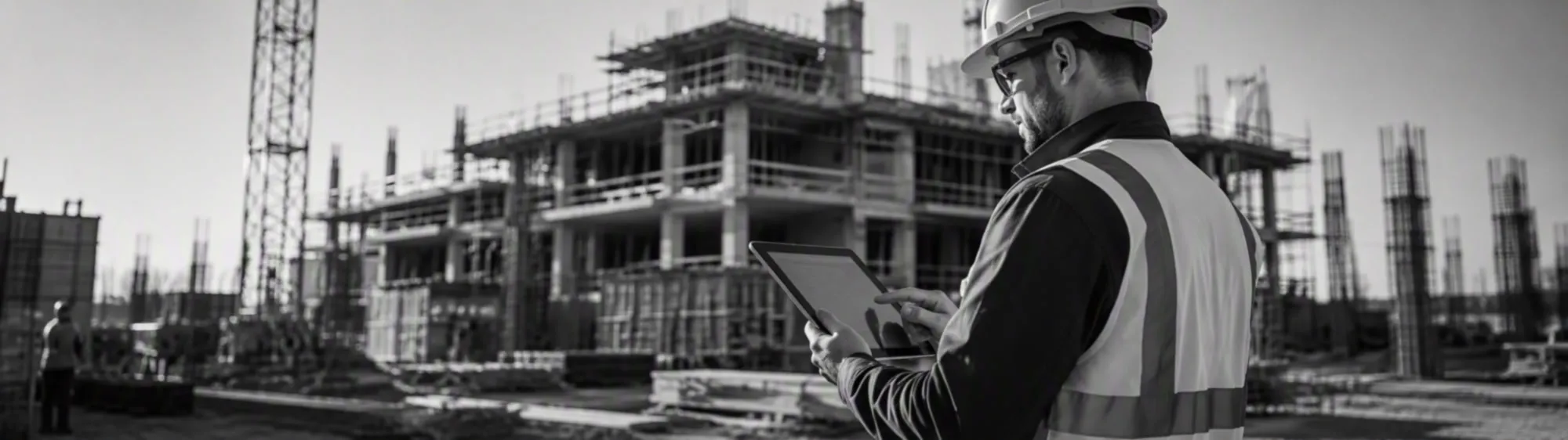 Construction worker using a tablet on a job site