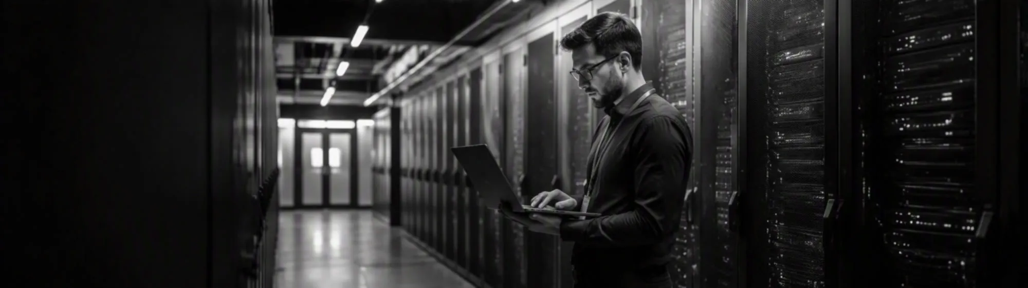 IT professional using a laptop in a server room